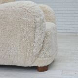 1960s, Danish design, reupholstered highback armchair, genuine sheepskin.