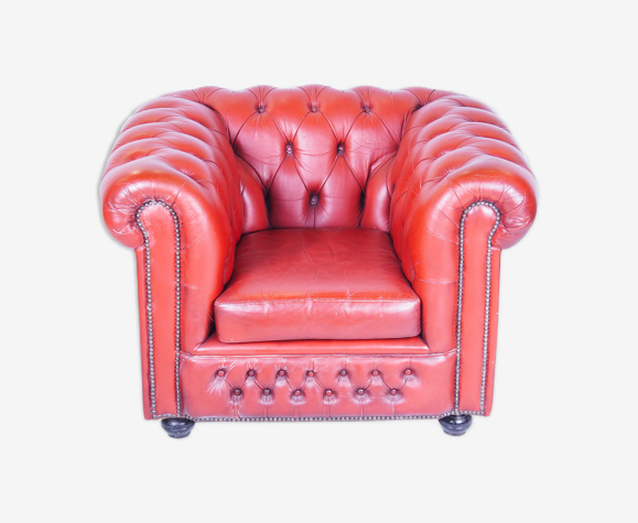 Chesterfield fauteuil en cuir original 1 place antique rouge | Selency