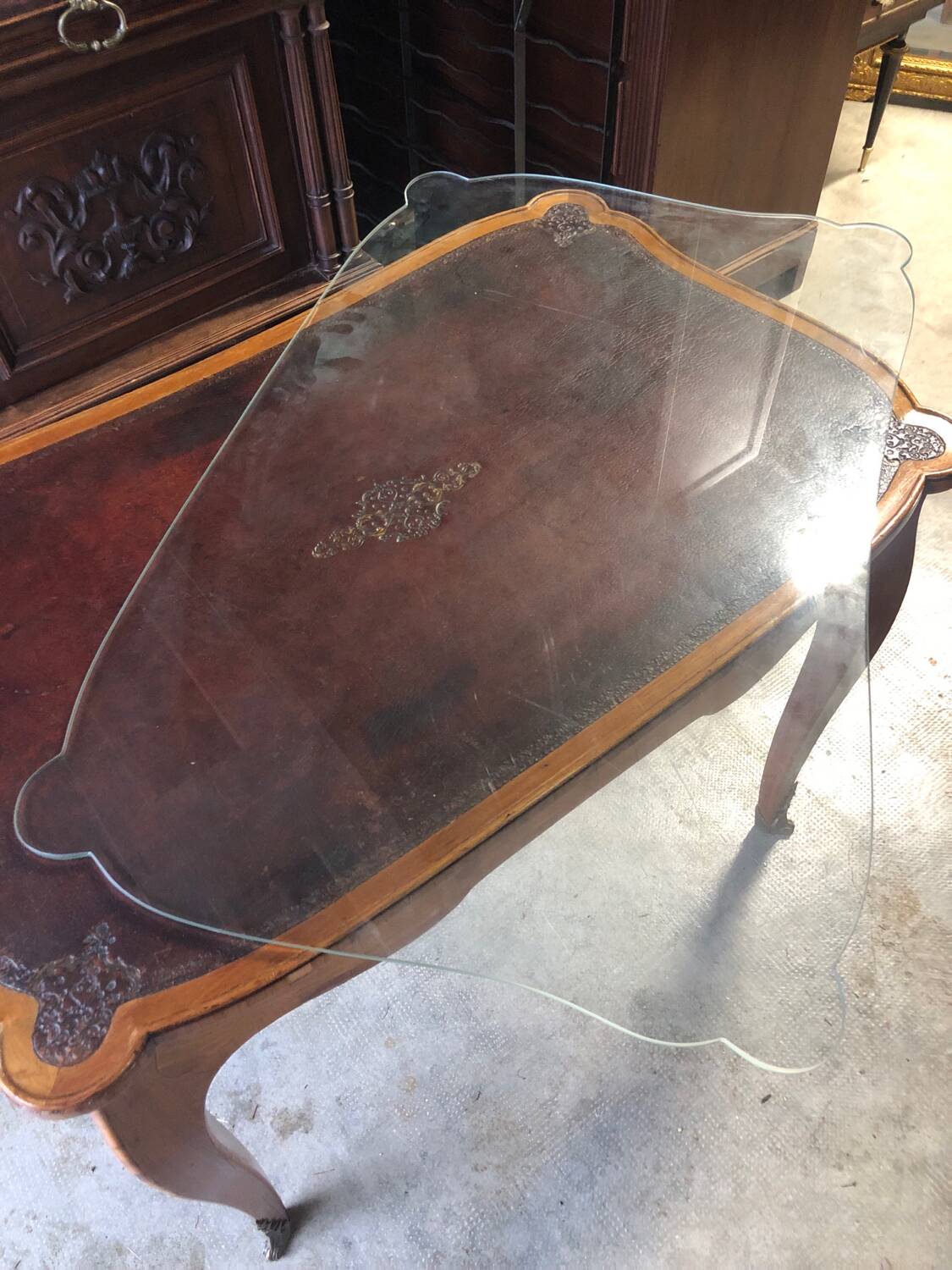 Desk, writing table with old glazed leather top