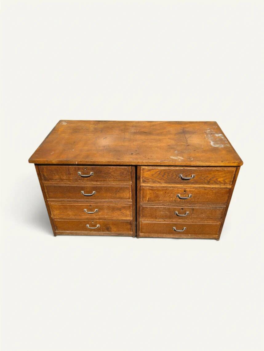 Meuble de métier ancien en chêne à huit tiroirs