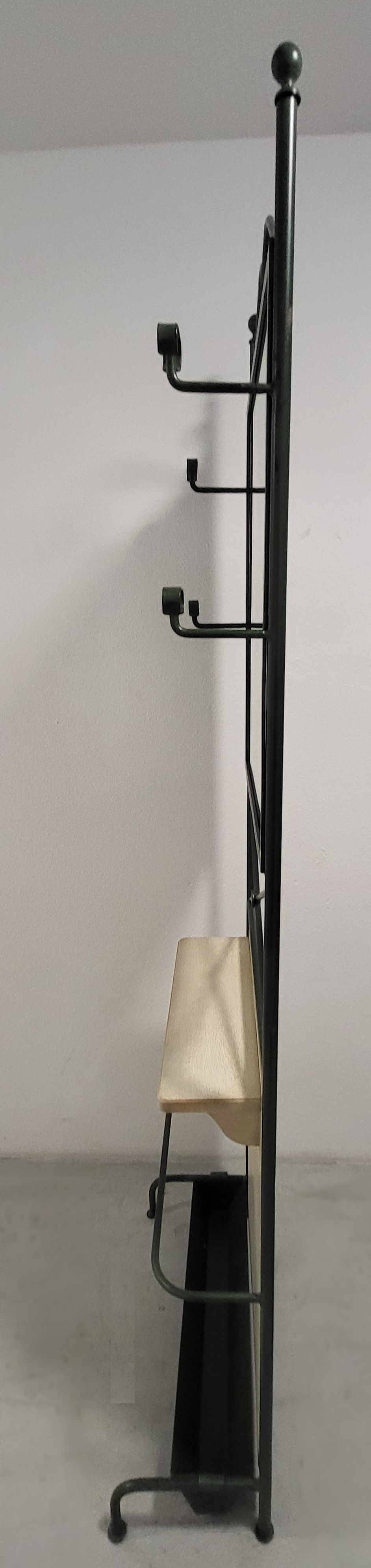 Coat rack, umbrella stand in wood and wrought iron.