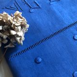 Drap ancien en lin et coton teinté en bleu Méditerranée