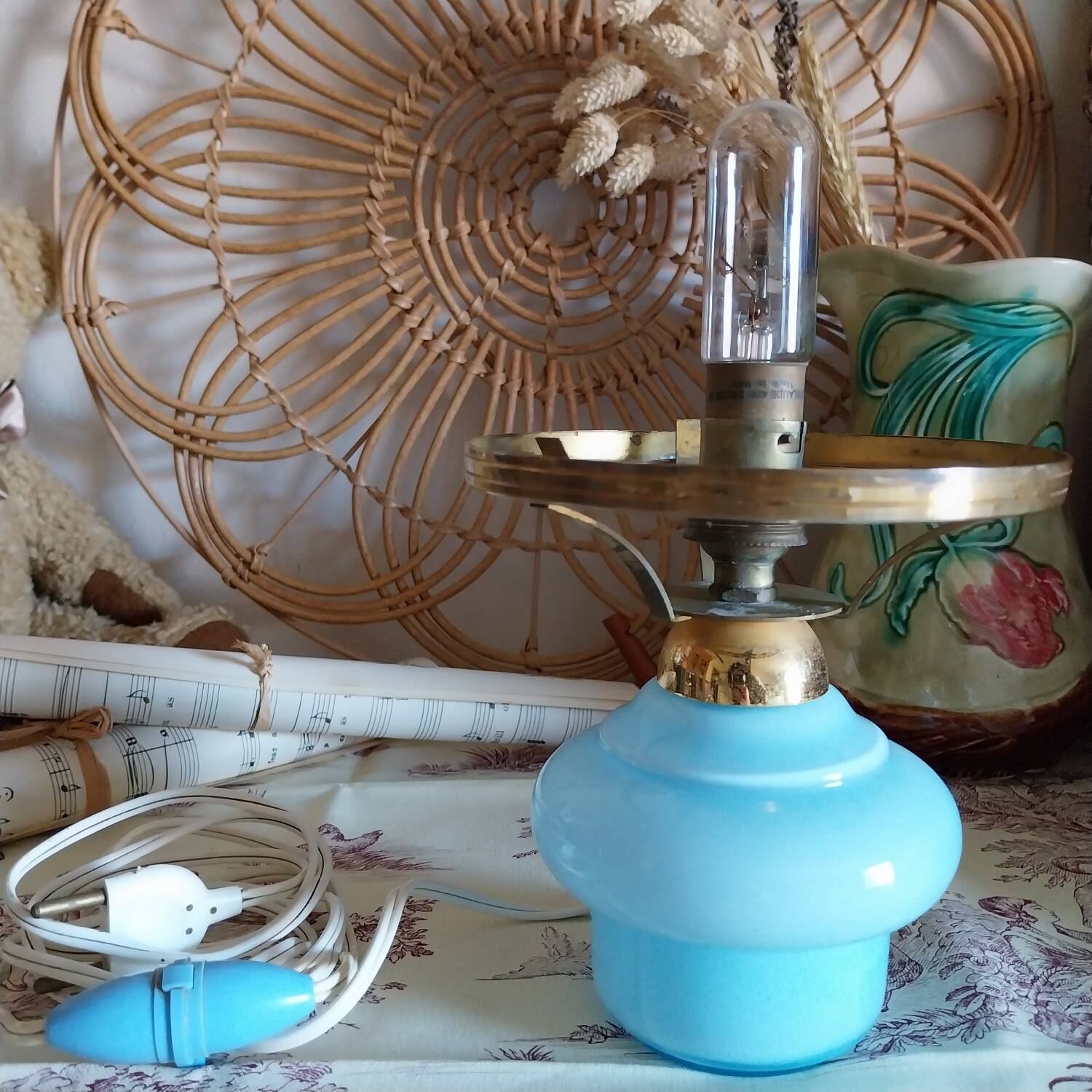 Old lamp base in blue opaline and brass