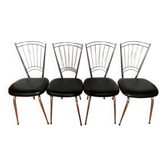 4 70's chrome chairs, black Skai