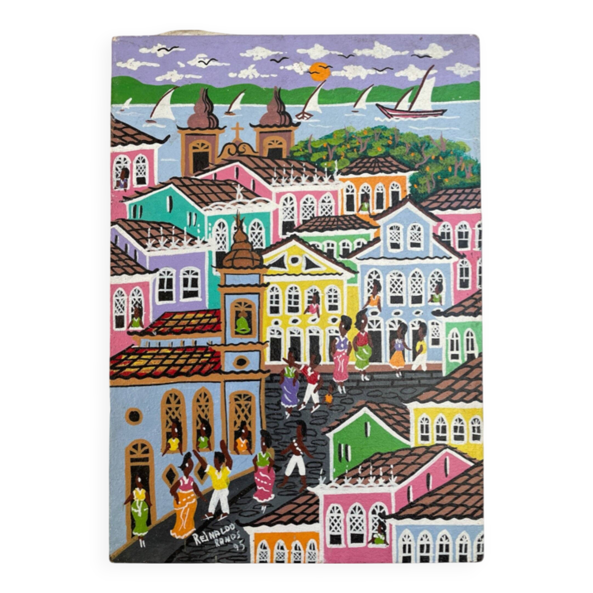 Acrylic painting, naive art, street scene Brazil, colorful colonial houses, sea, sailing boats