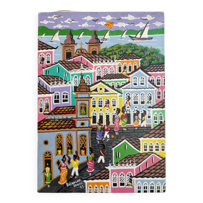 Peinture acrylique, art naïf, scène de rue Brésil, maisons coloniales colorées, mer, bateaux à voile