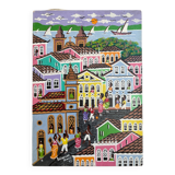 Acrylic painting, naive art, street scene Brazil, colorful colonial houses, sea, sailing boats