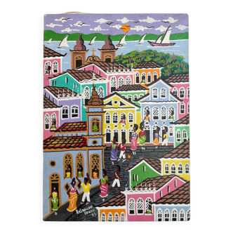 Acrylic painting, naive art, street scene Brazil, colorful colonial houses, sea, sailing boats