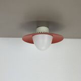 Round red wall light in metal and opaline glass in the Stilnovo style, 20 cm, Italy, 1960s
