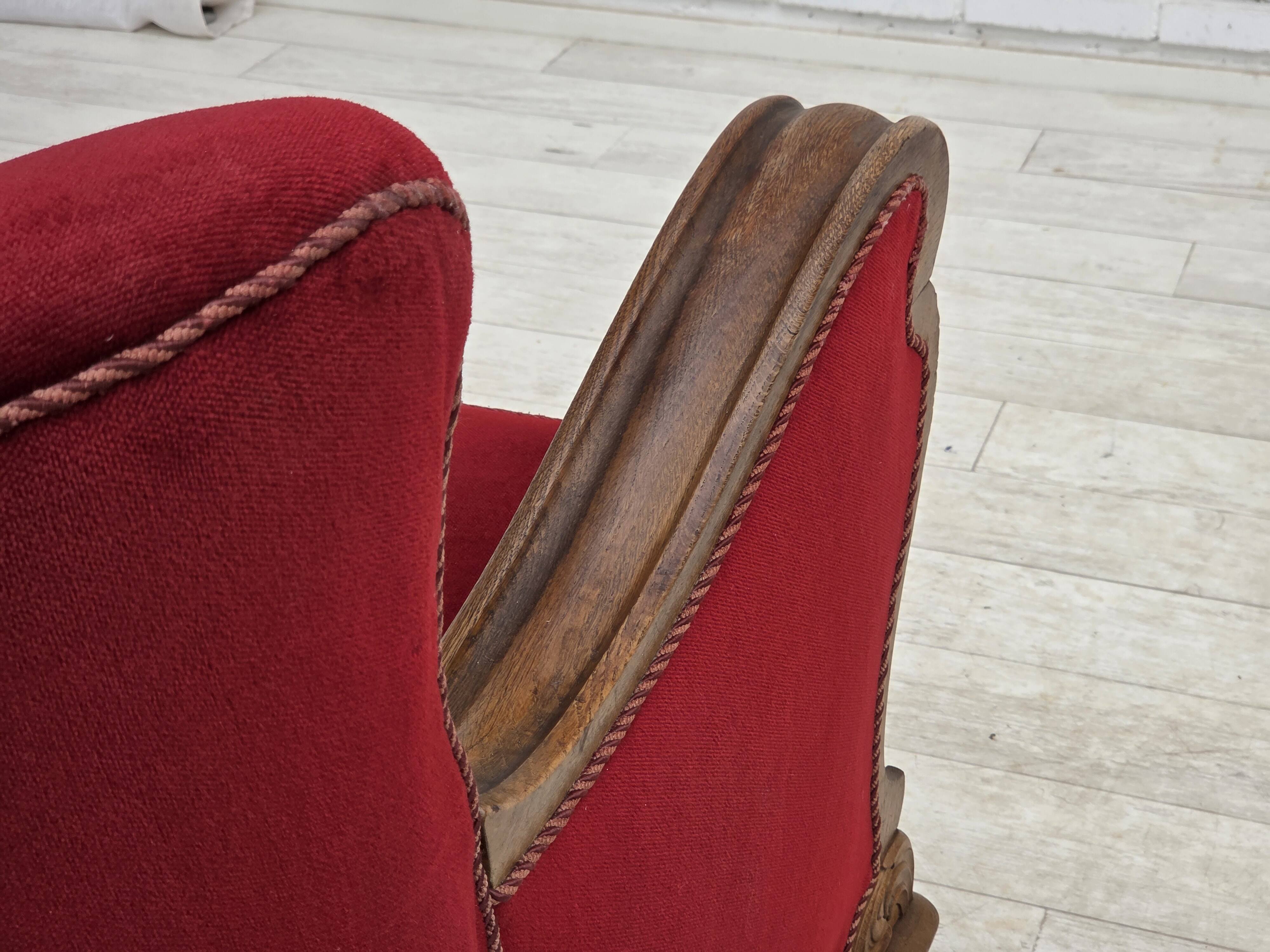 1950s, Danish relax armchair, furniture velour, carved oak wood.