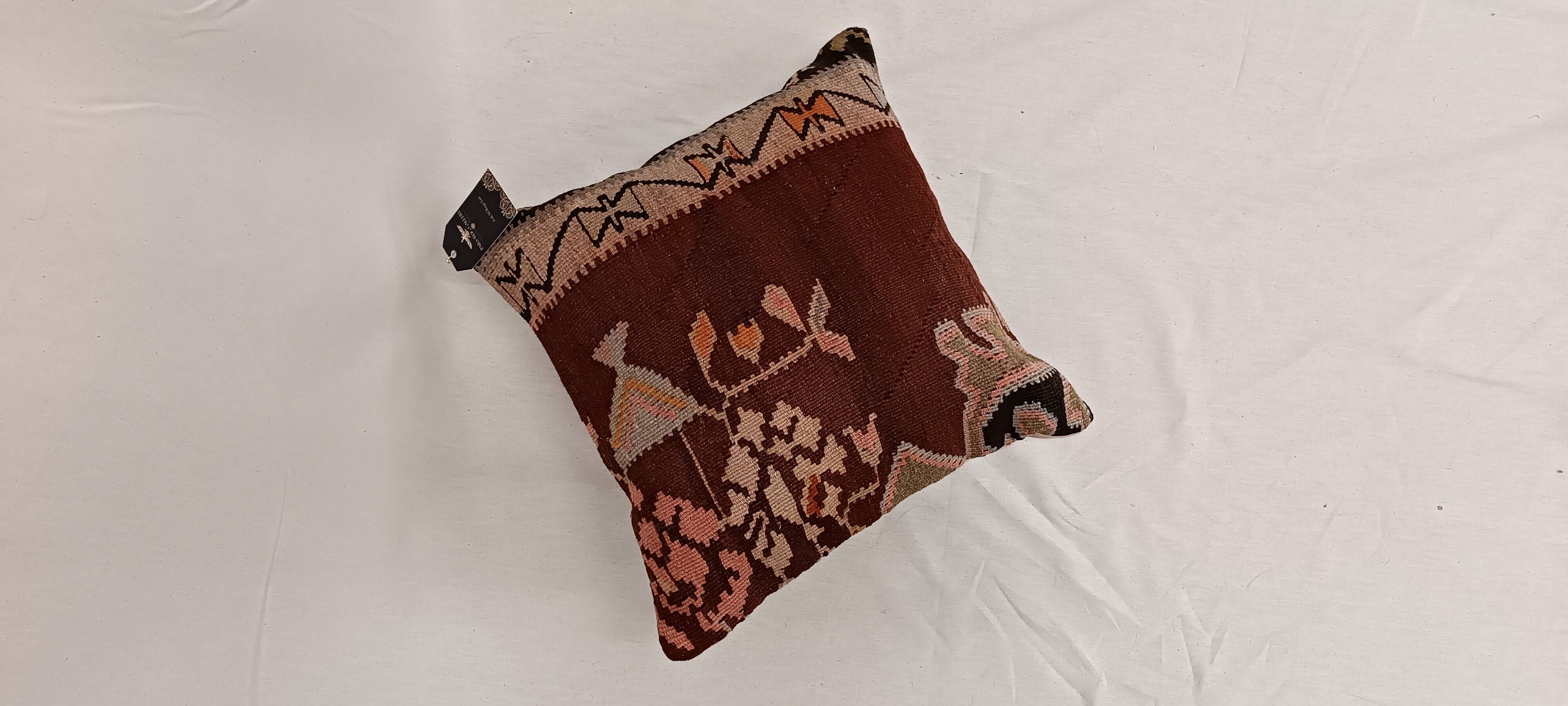 Housse de coussin en kilim antique en terre cuite rustique, 45x45 cm, coussin tissé à la main