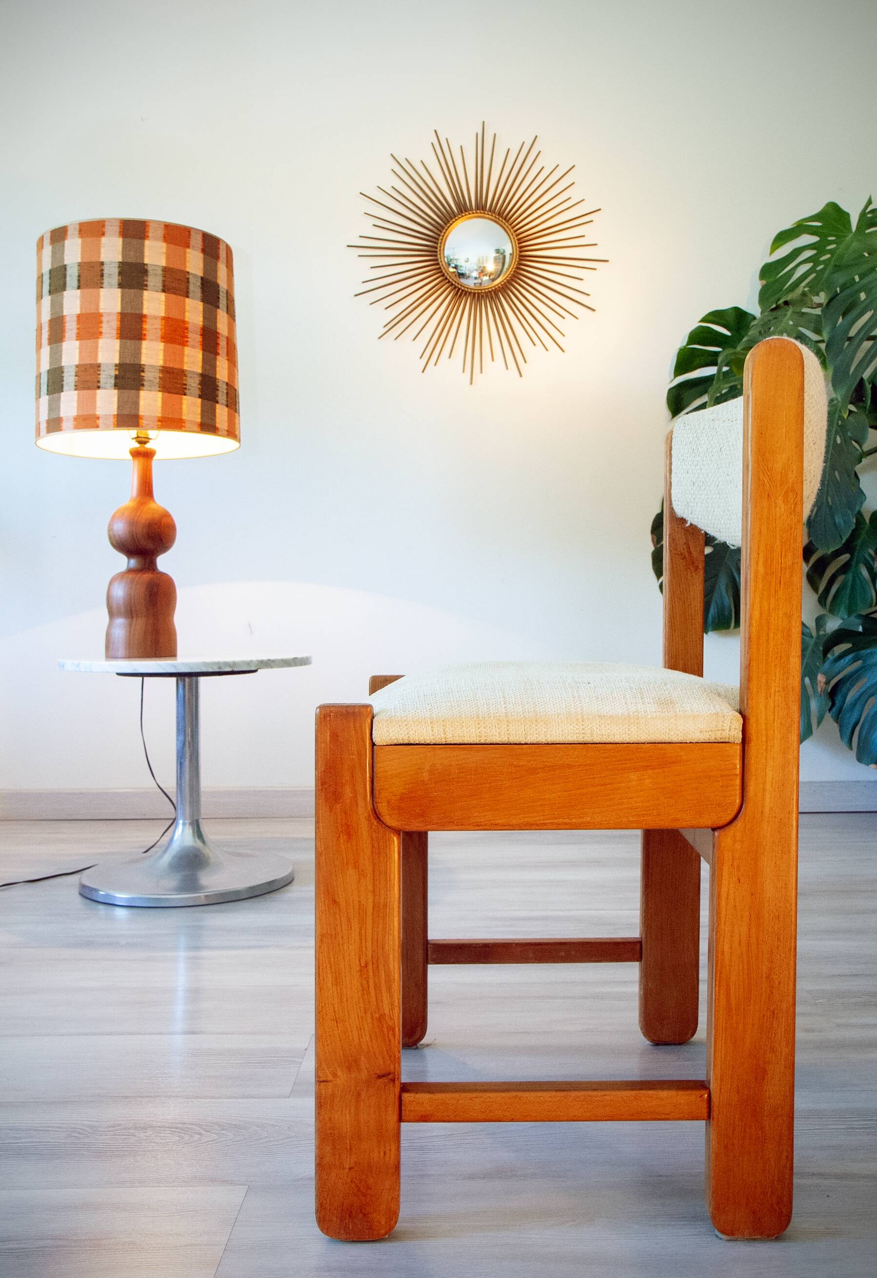 Chair in elm and wool, 1980s.