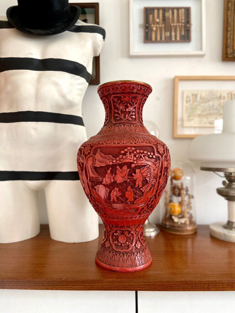 Asian metal vase and red resin