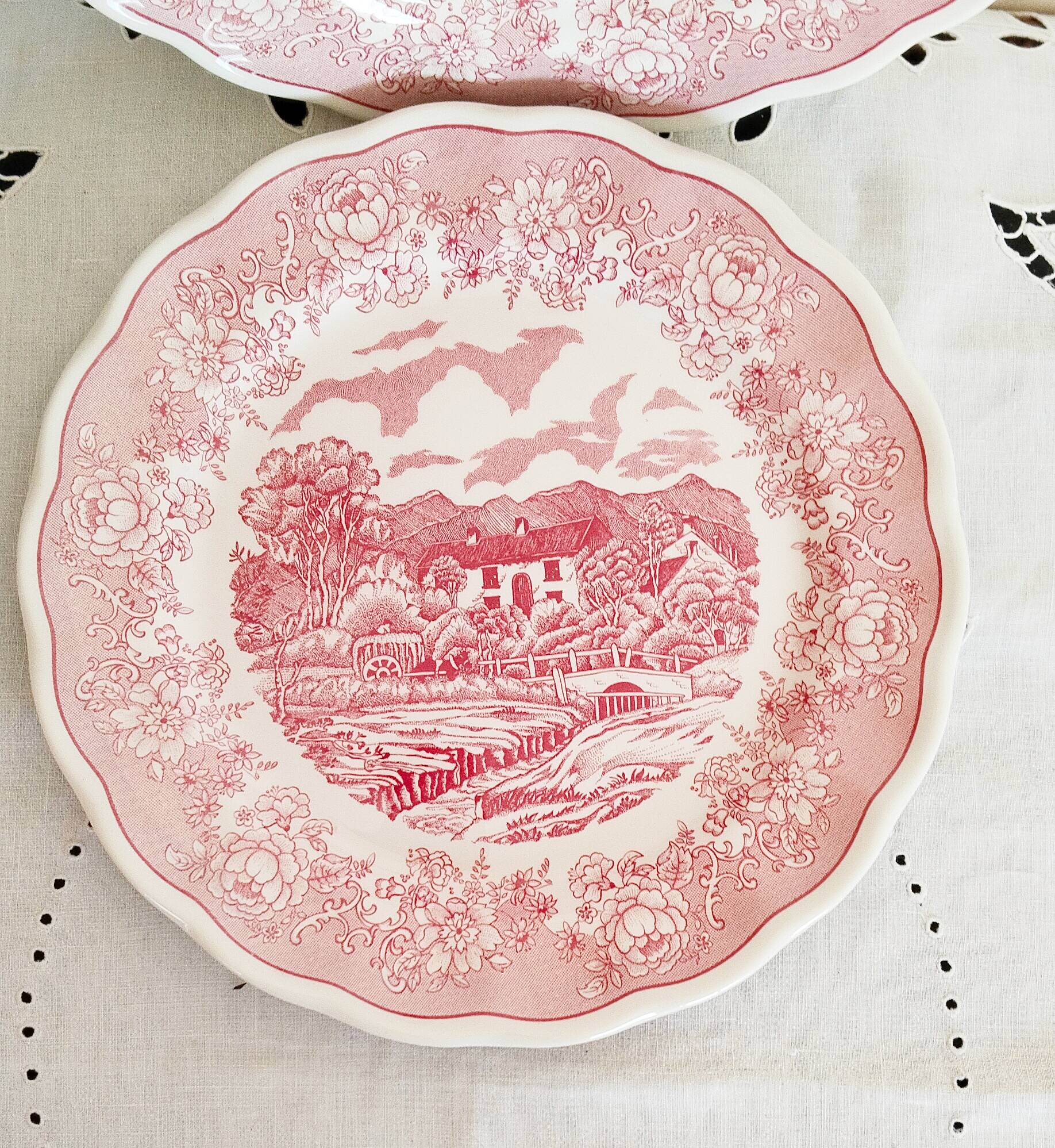 2 Italian English porcelain dinner plates: Swiss Landscape