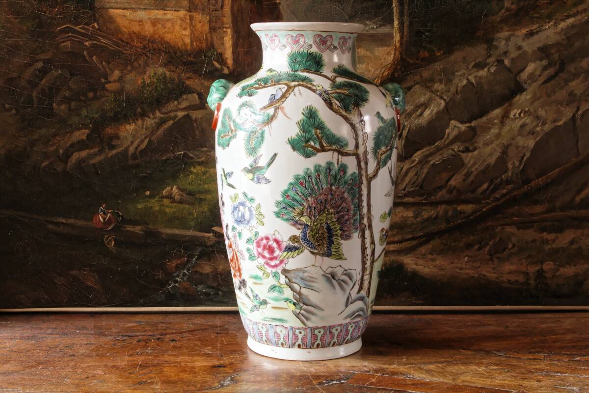 Chinese porcelain vase, peacocks, birds, trees, peonies