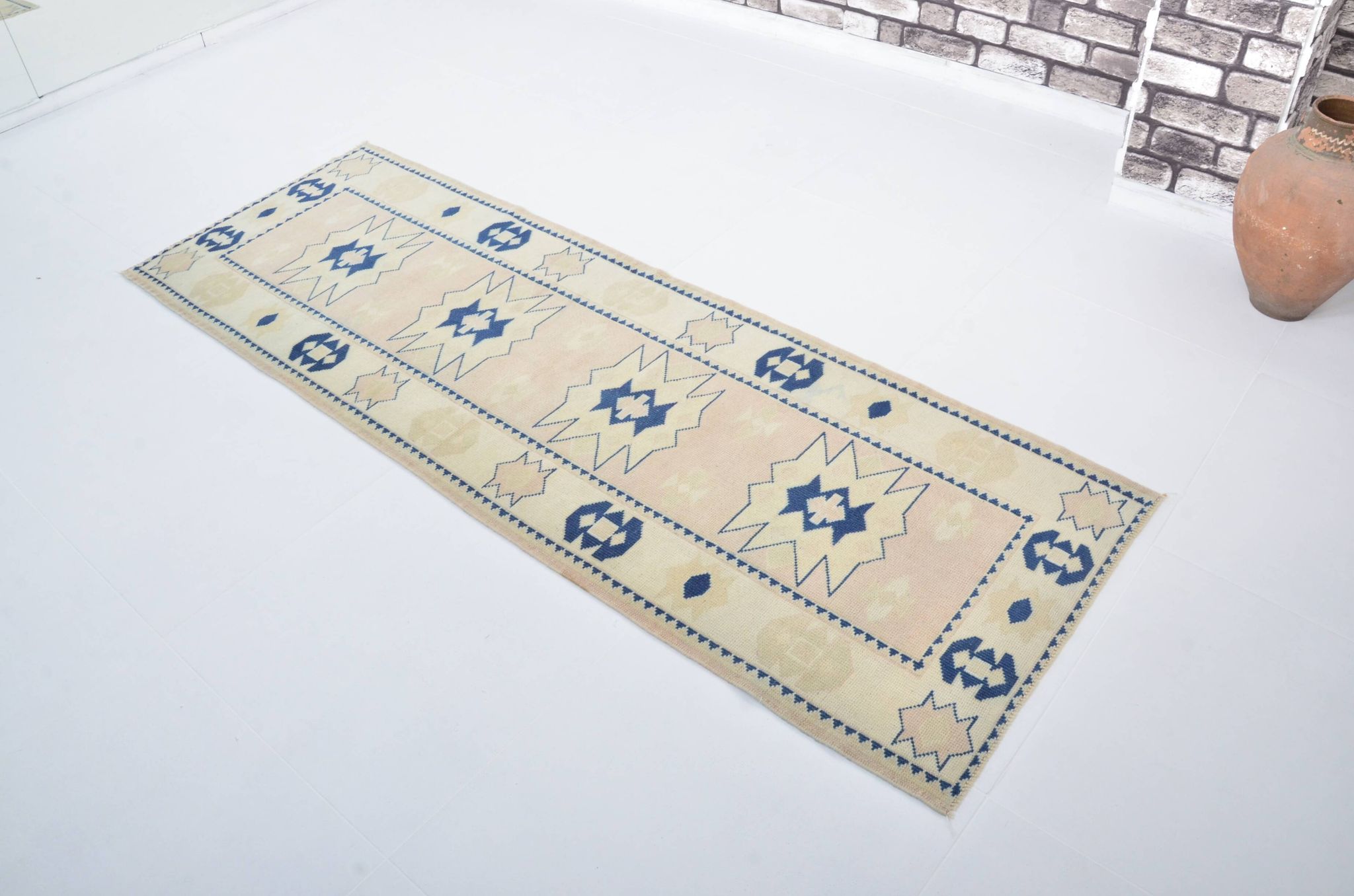 Beige And Blue Oushak Runner Rug sku 3324