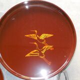 Set of 3 round plastic trays in Chinese lacquer style with crane bird motifs