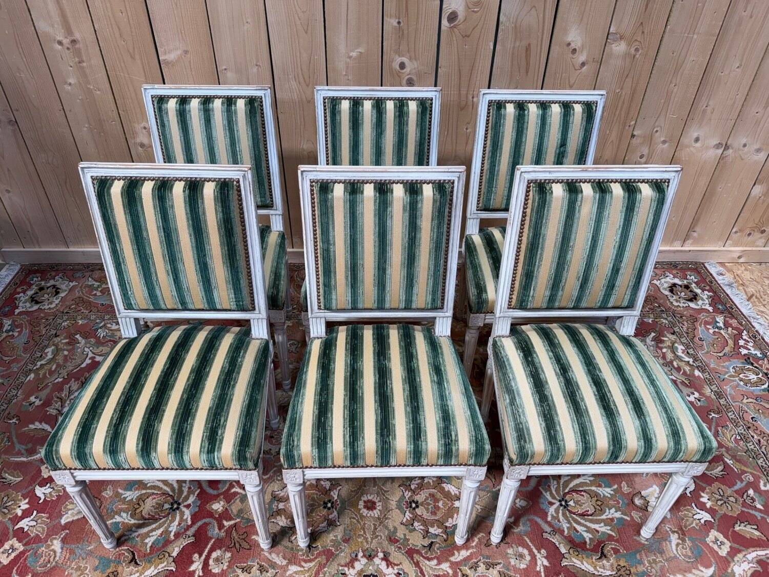 Set of 6 Louis XVI style chairs – Painted wood & striped velvet