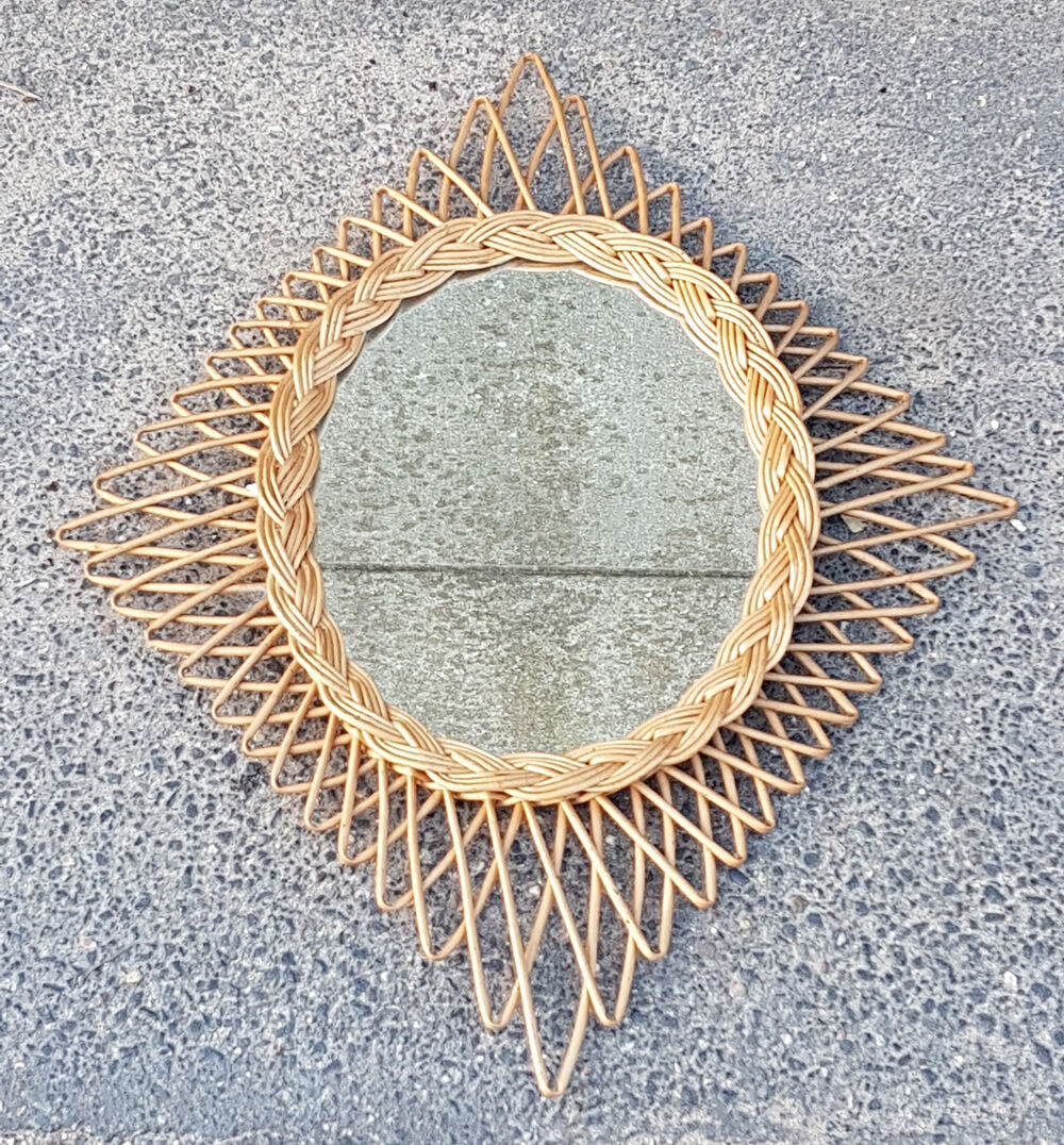 Mirror rattan vintage the "diamond" TBE 60 years 45x59cm