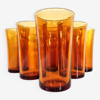 6 Vintage Long drink Slightly ribbed amber colored glass signed Duralex France