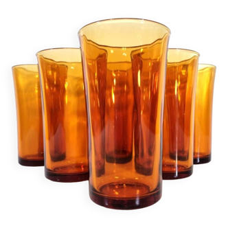 6 Vintage Long drink Verre de couleur ambre legérement côtelé signé Duralex France