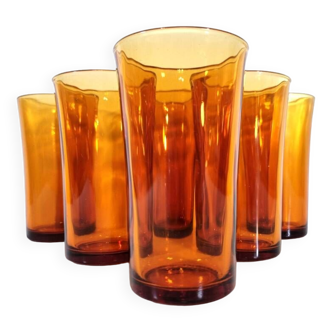 6 Vintage Long drink Slightly ribbed amber colored glass signed Duralex France