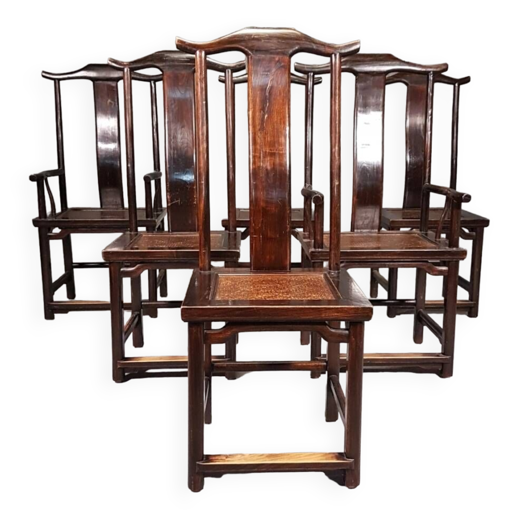 6 Vintage Oriental Asian Chinese Brown Tallback Yokeback Side Chairs. 2 x armchair / 4 x without a