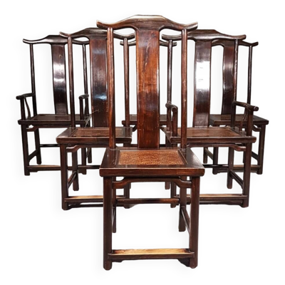 6 chaises d'appoint vintage orientales asiatiques chinoises brunes à dossier haut. 2 x fauteuil / 4 x sans