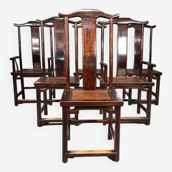 6 Vintage Oriental Asian Chinese Brown Tallback Yokeback Side Chairs. 2 x armchair / 4 x without a