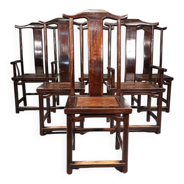 6 Vintage Oriental Asian Chinese Brown Tallback Yokeback Side Chairs. 2 x armchair / 4 x without a