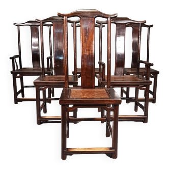 6 chaises d'appoint vintage orientales asiatiques chinoises brunes à dossier haut. 2 x fauteuil / 4 x sans