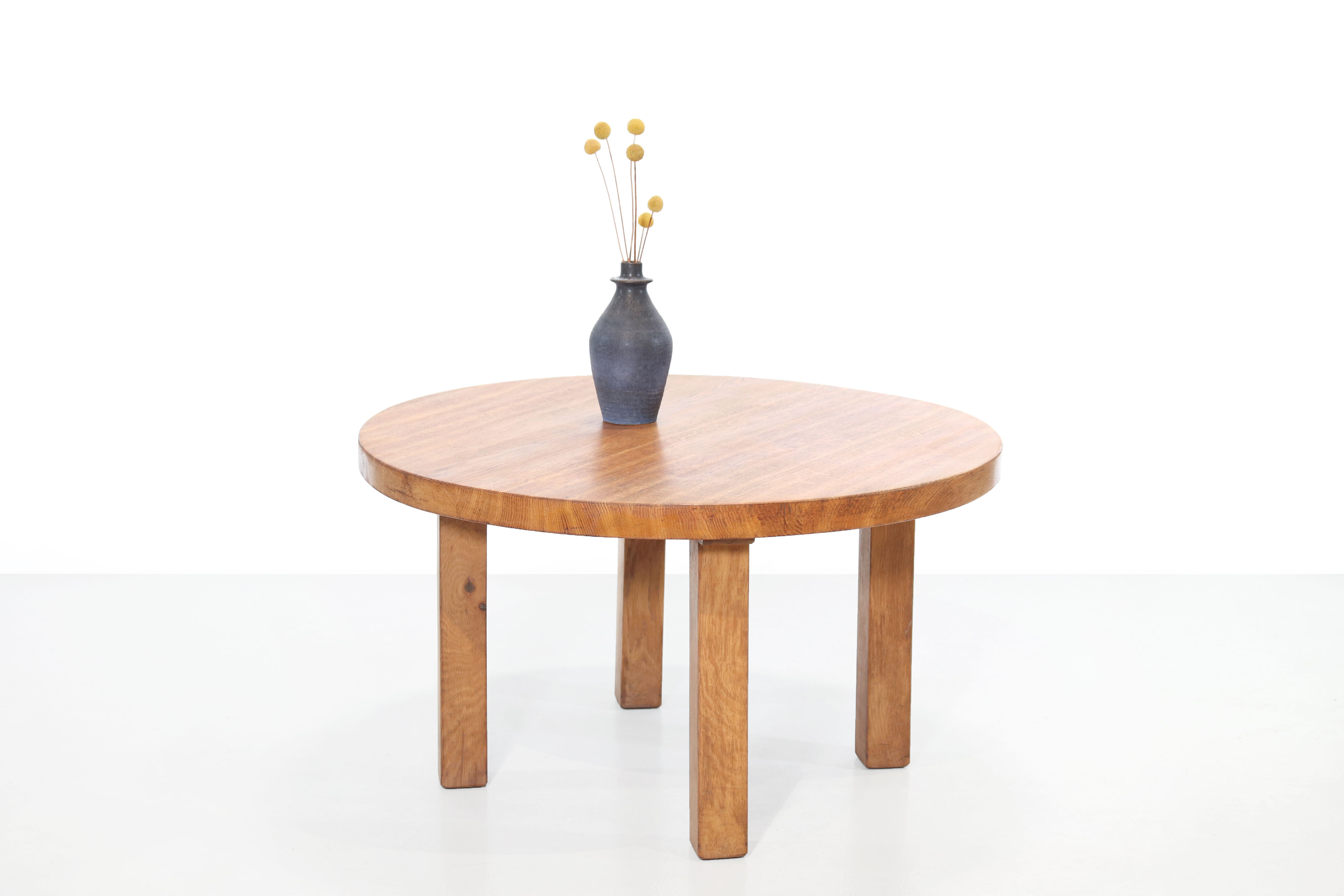 Round brutalist artisan solid oak coffee table