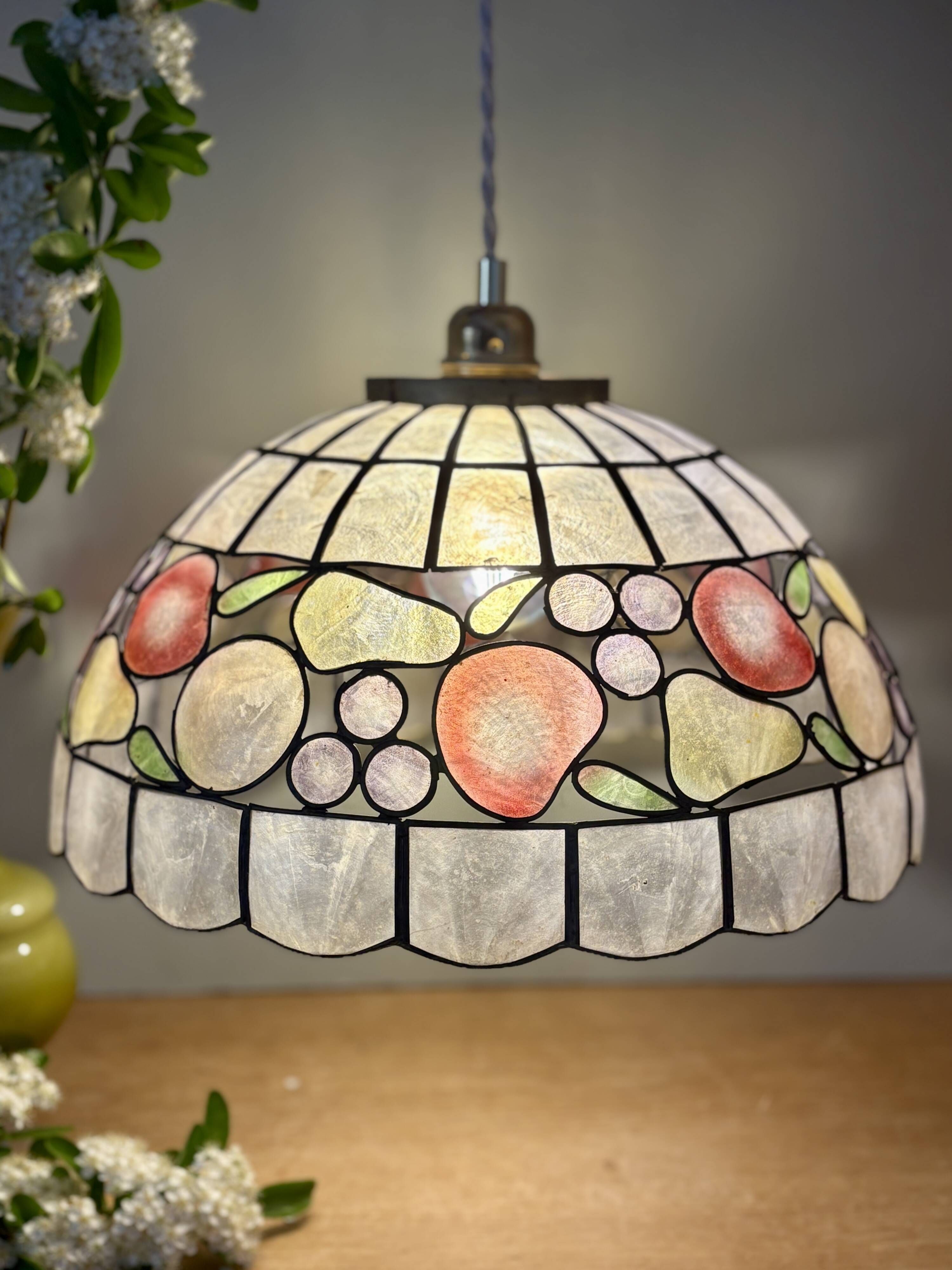 Vintage mother-of-pearl and brass pendant lampshade with fruit decorations