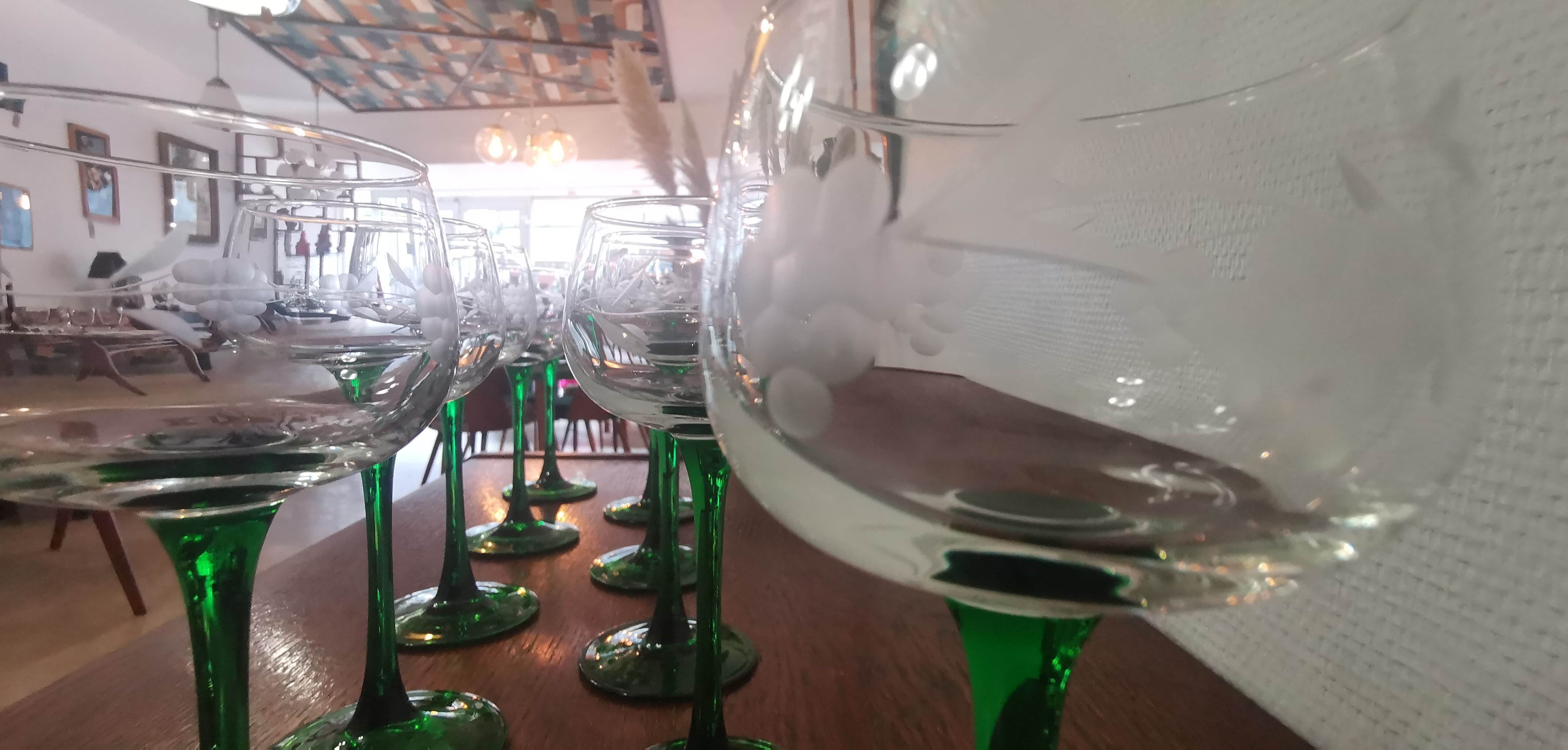 Lot of 10 Old green-stemmed wine glasses from Alsace Engraved vine decoration ARC crystal
