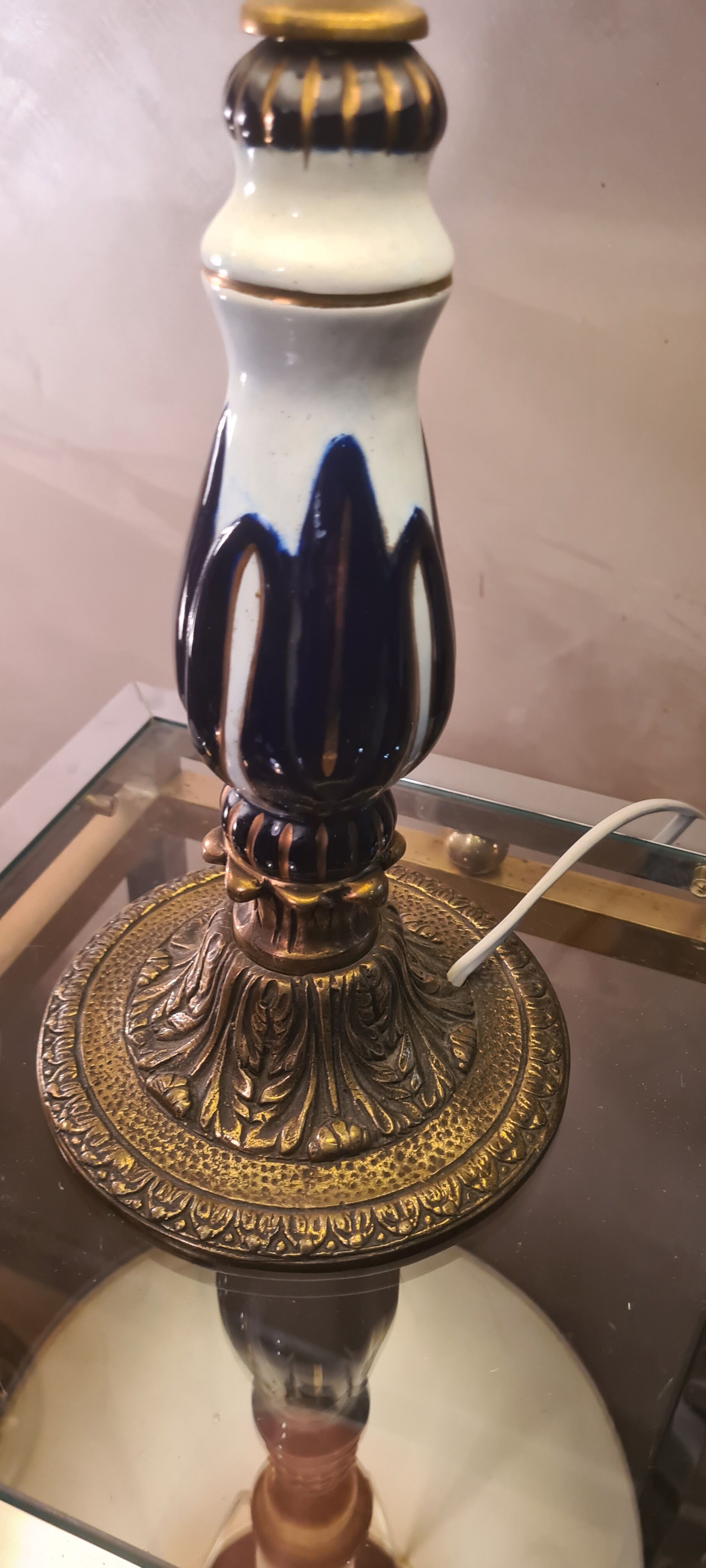 Ceramic and bronze foot lamp, pleated lampshade old pink 48x29 art deco