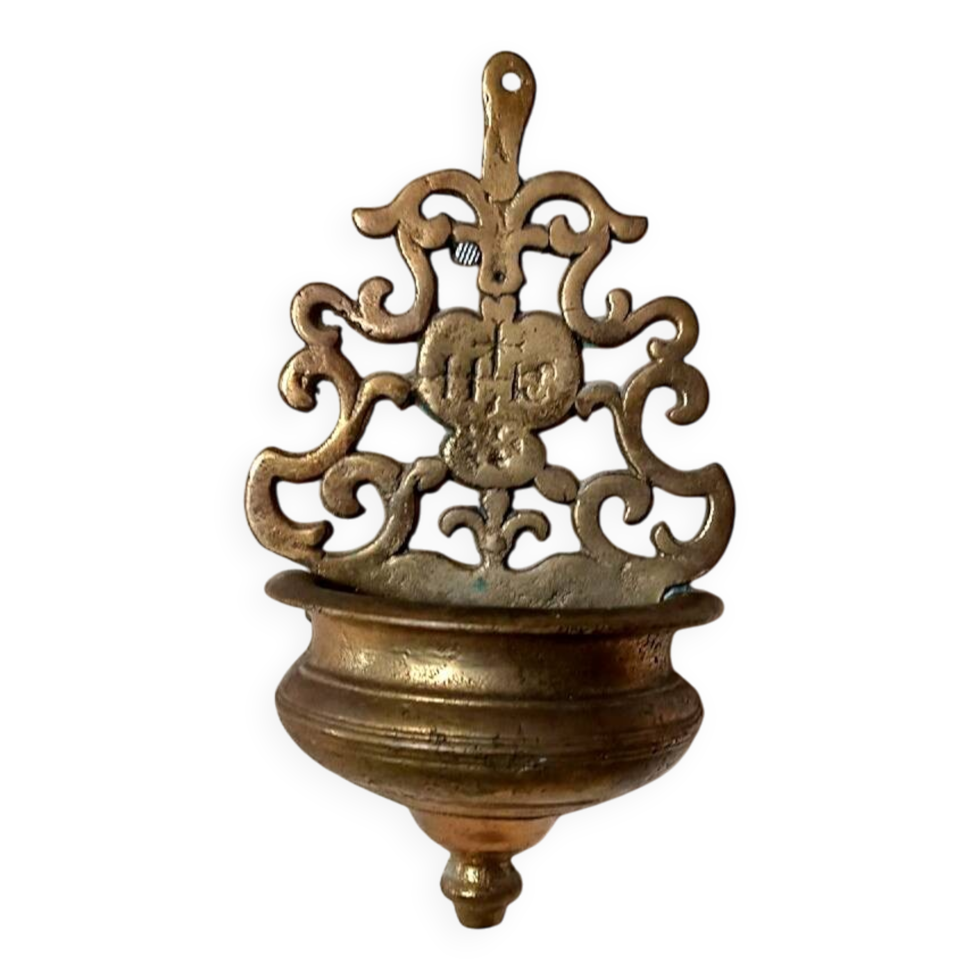 19th century antique holy water font brass bronze IHS