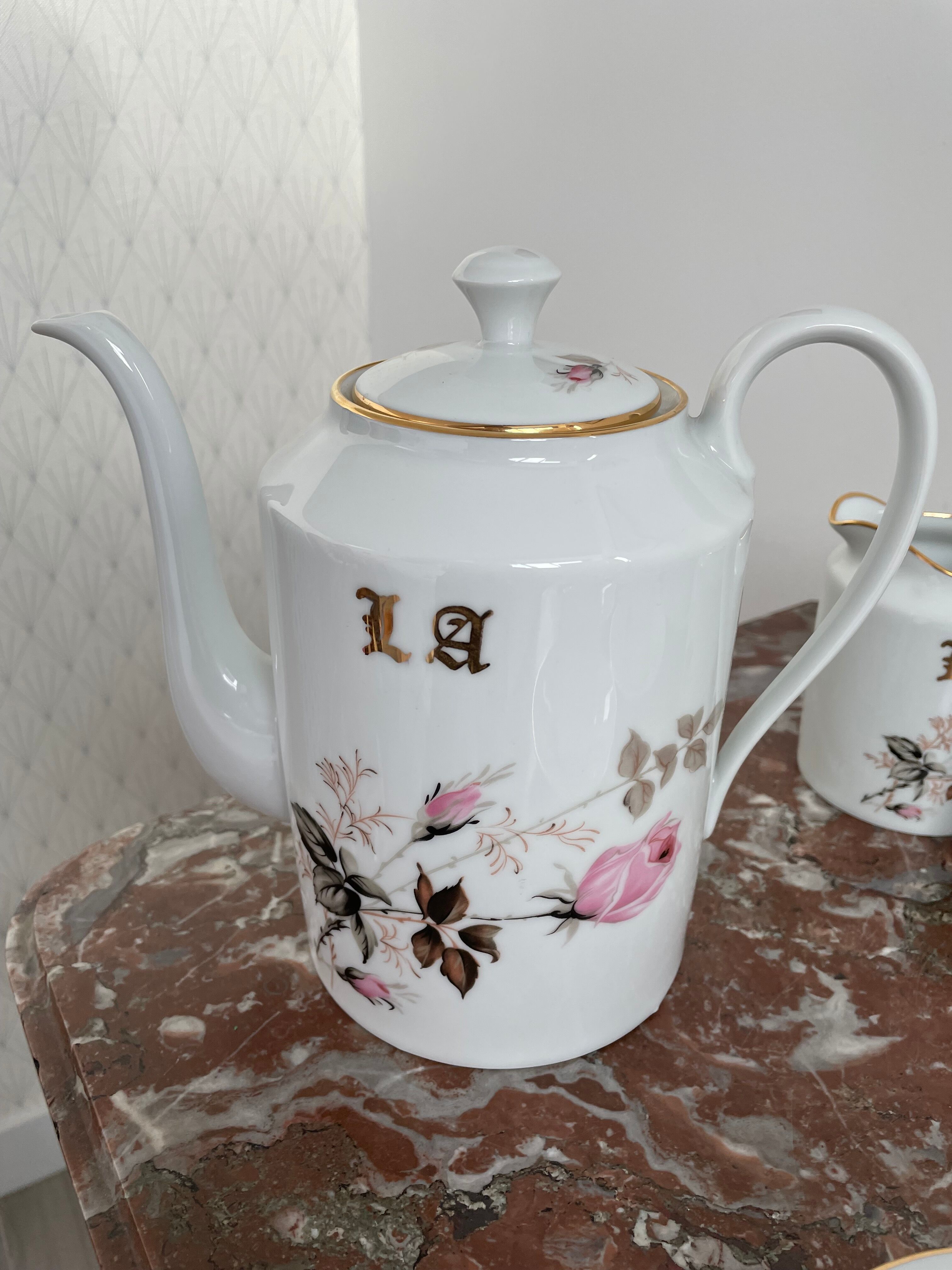 Vintage, coffee service, tea, Limoges, Flowers, cipher, 11 cups and under cups, teapot, 27 pieces