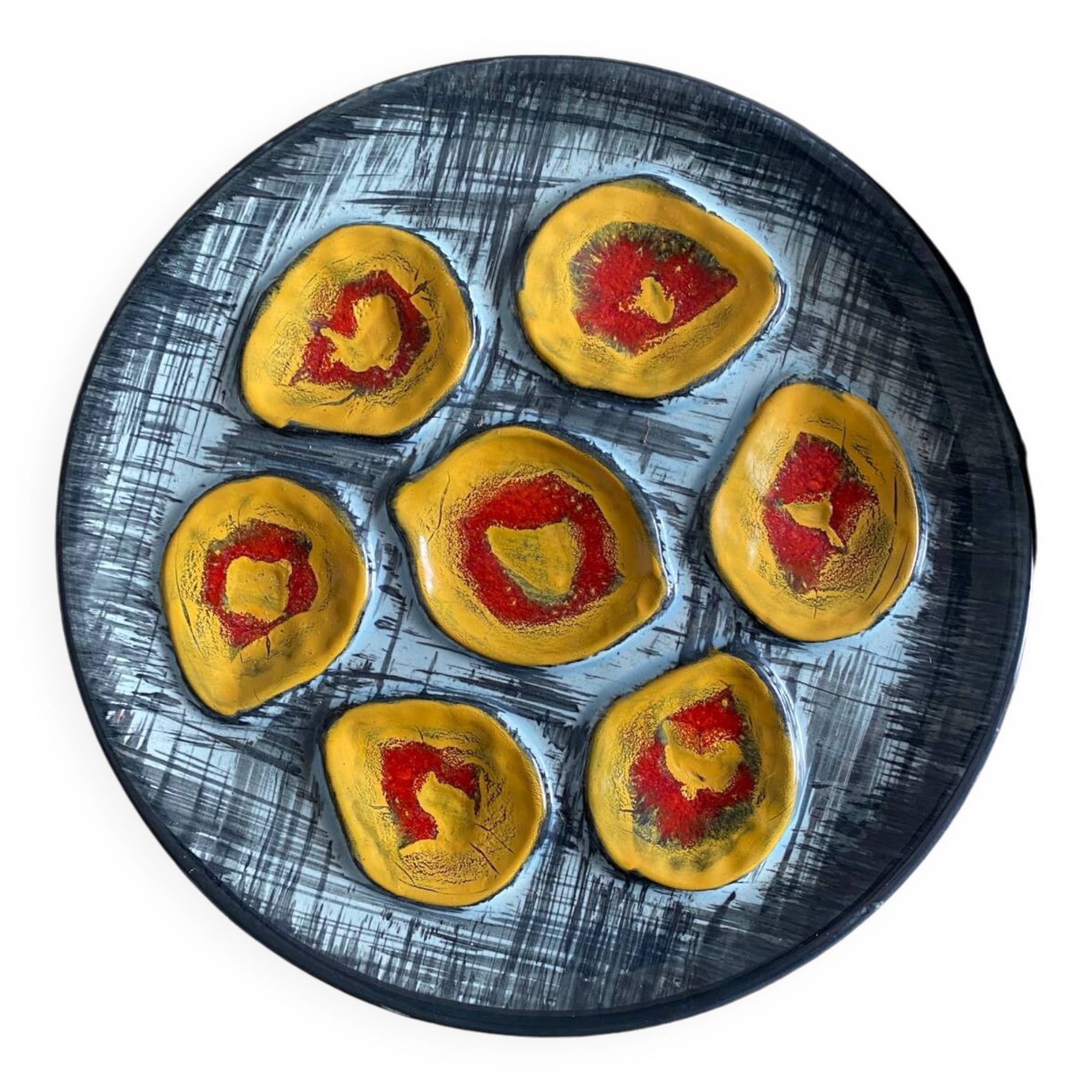 6 Assiettes à Huîtres En Faïence D'art Proceram - Couleur Verte, Motif Coquillage
