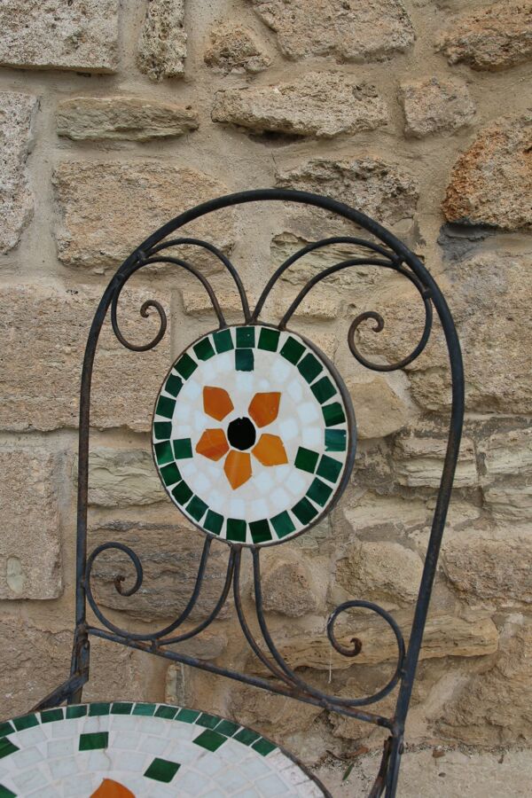 Chaise de jardin pliante fer forgé et mosaïque