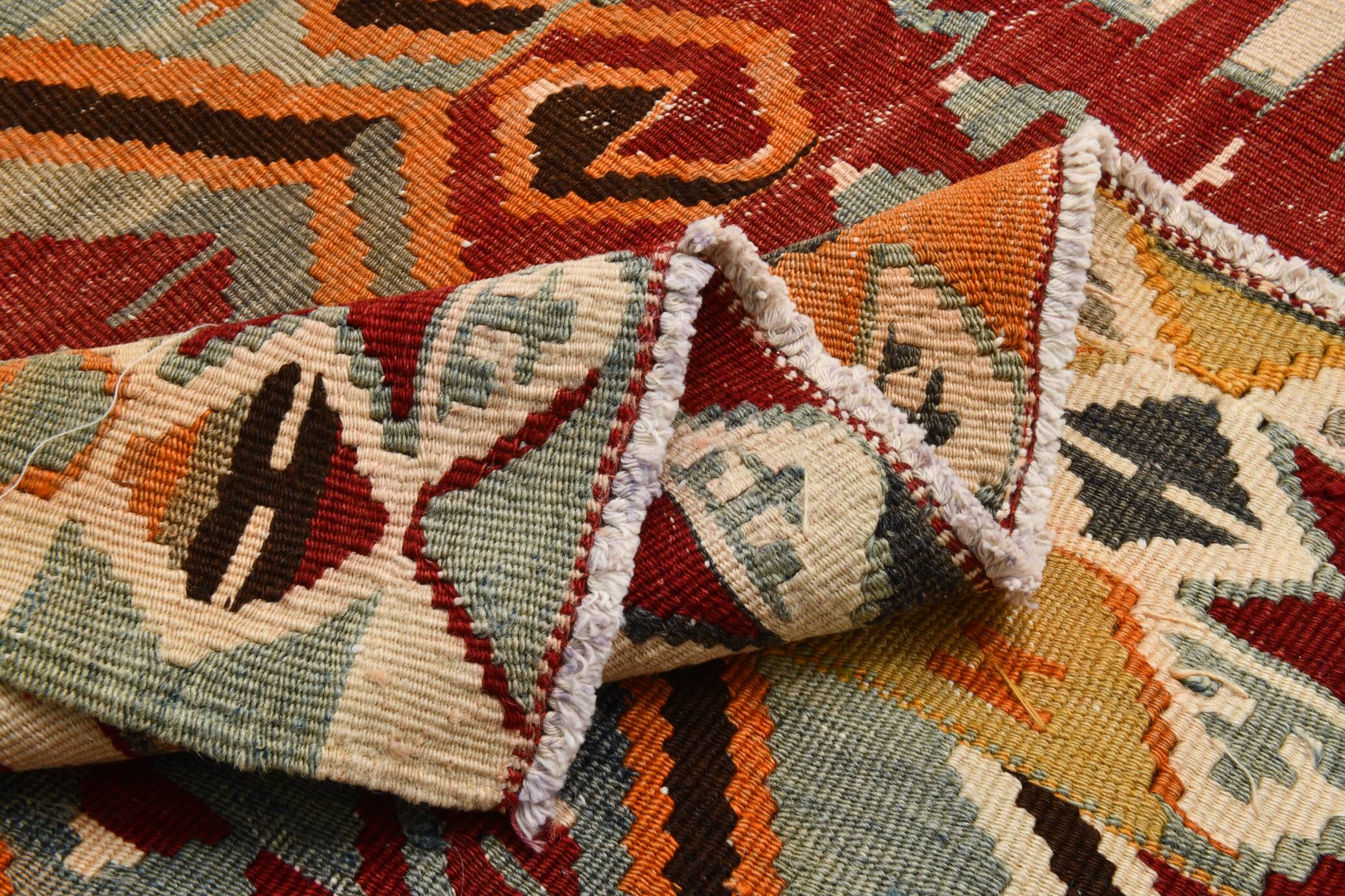 5x10 Red & Orange Geometric Vintage Kilim Rug,142x302Cm