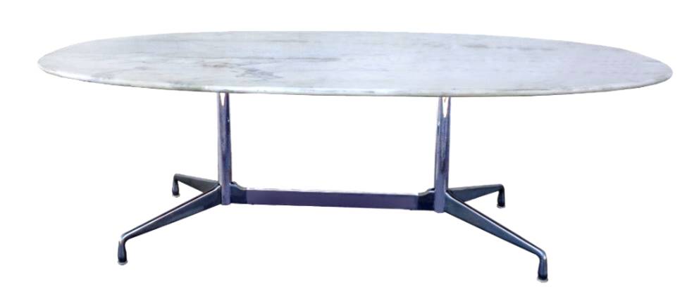 Eames "Segmented" oval table in white marble with stainless steel base, H. Miller 70s