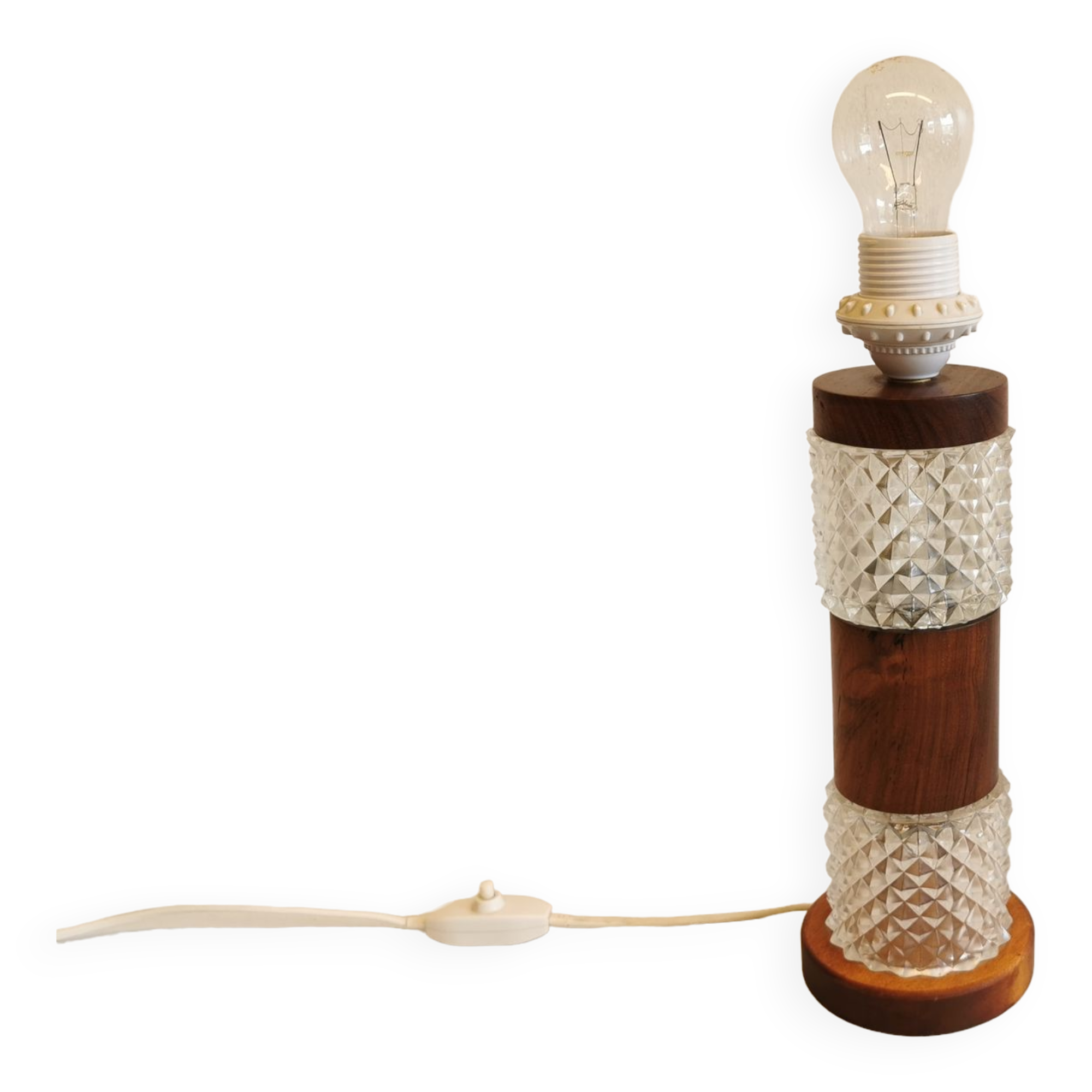 Swedish table lamp, made of what looks like rosewood and crystal glass.