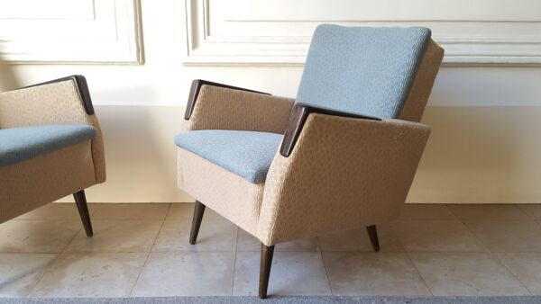 Paire de fauteuils club cubique bi color années 50 60 vintage Originaux