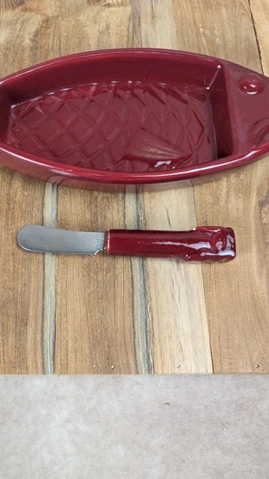 Vintage red ceramic butter dish + matching knife