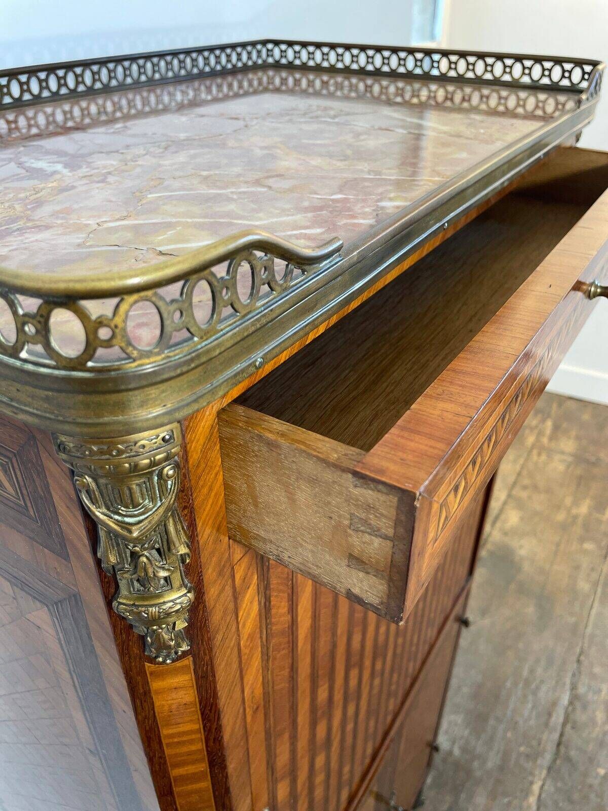 Louis XVI music cabinet, marquetry, brass gallery, marble top