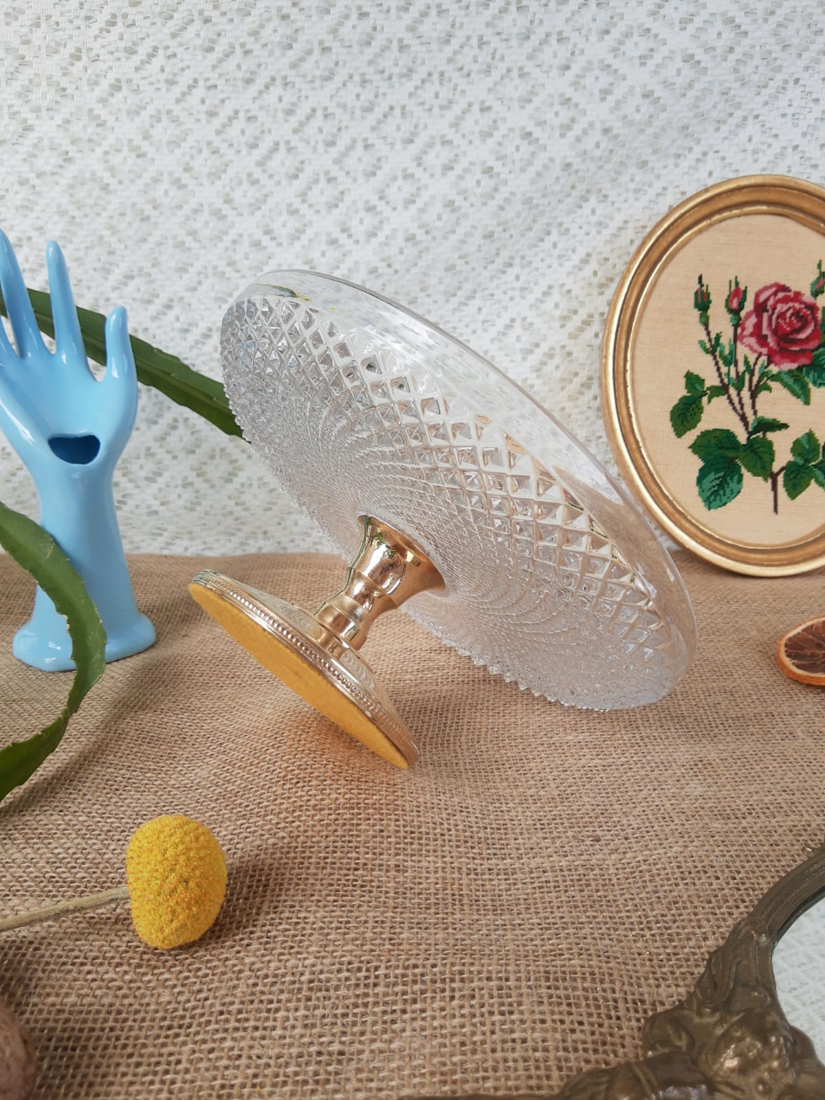 Glass and gold metal cake display - vintage