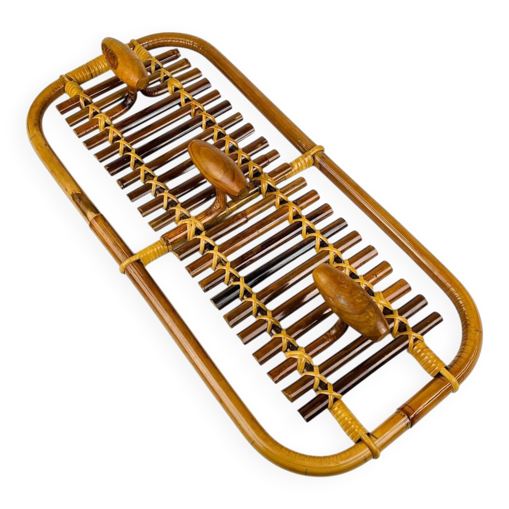 Bamboo and rattan coat rack in mid-century style attributed to Olaf Von Bohr, Italy, 1950s.