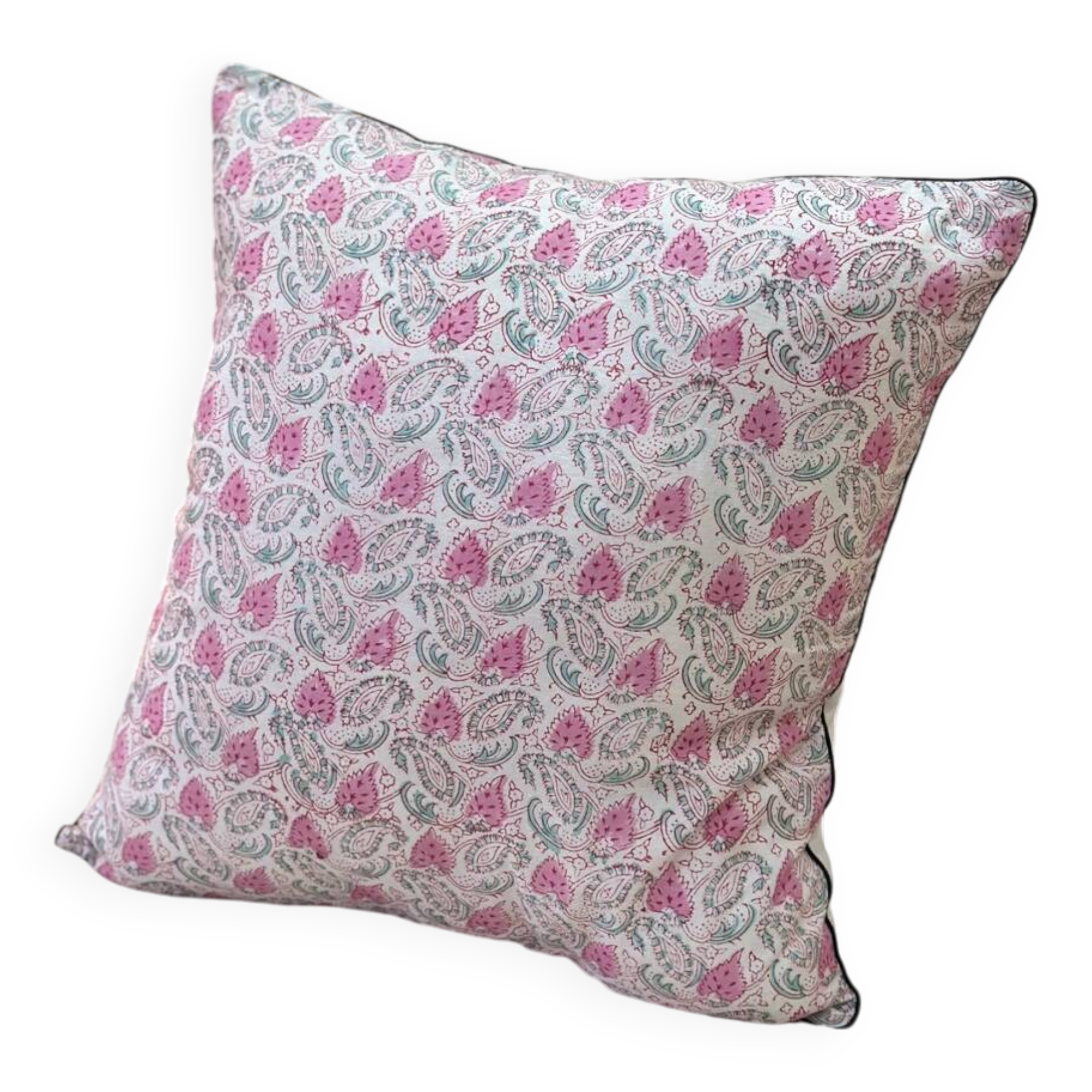 Coussin indien block print fleurs "fleur" - rose/blanc