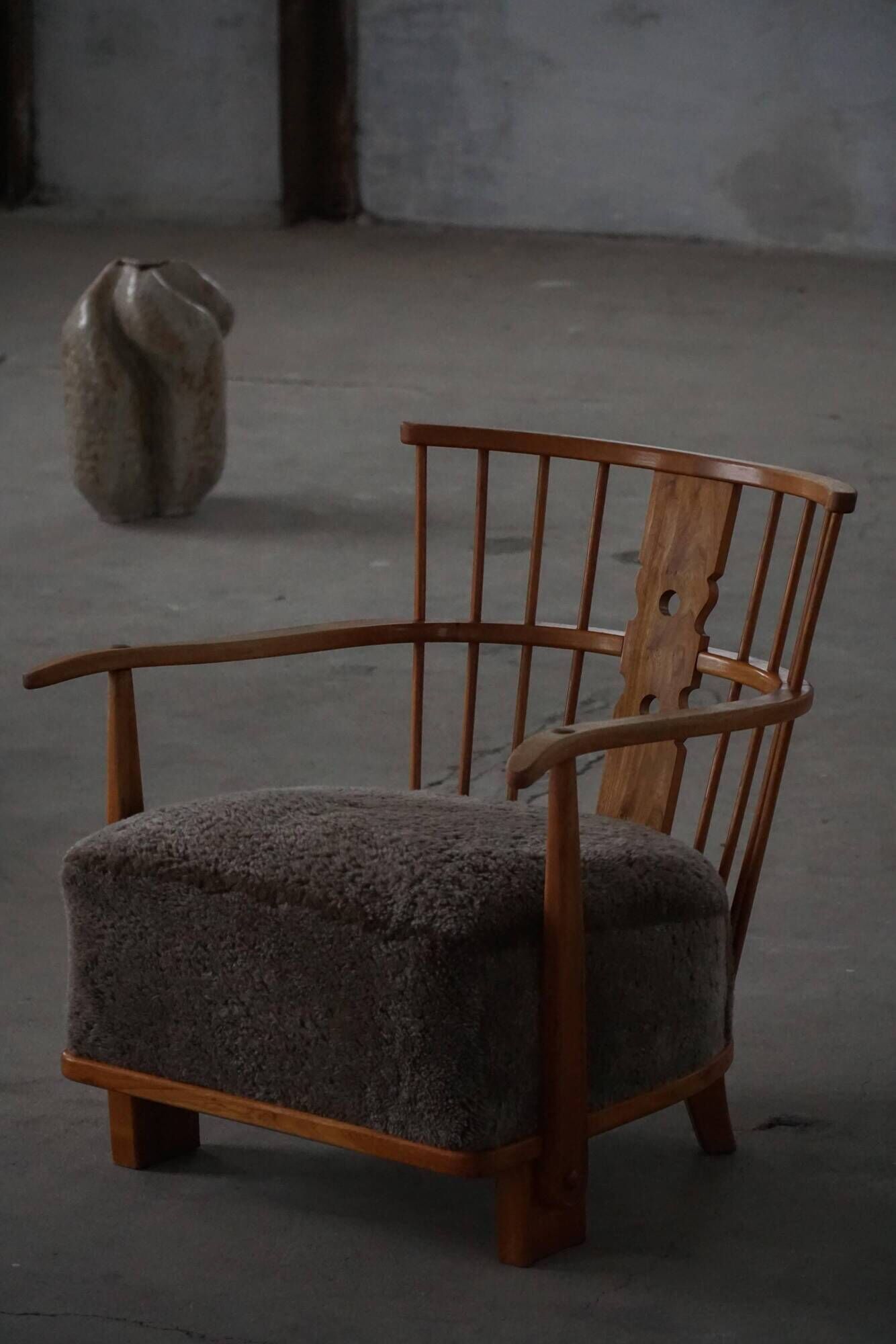 Armchair by Fritz Hansen, Model 1590, Elm & Lambswool, Scandinavian Modern, 1940s