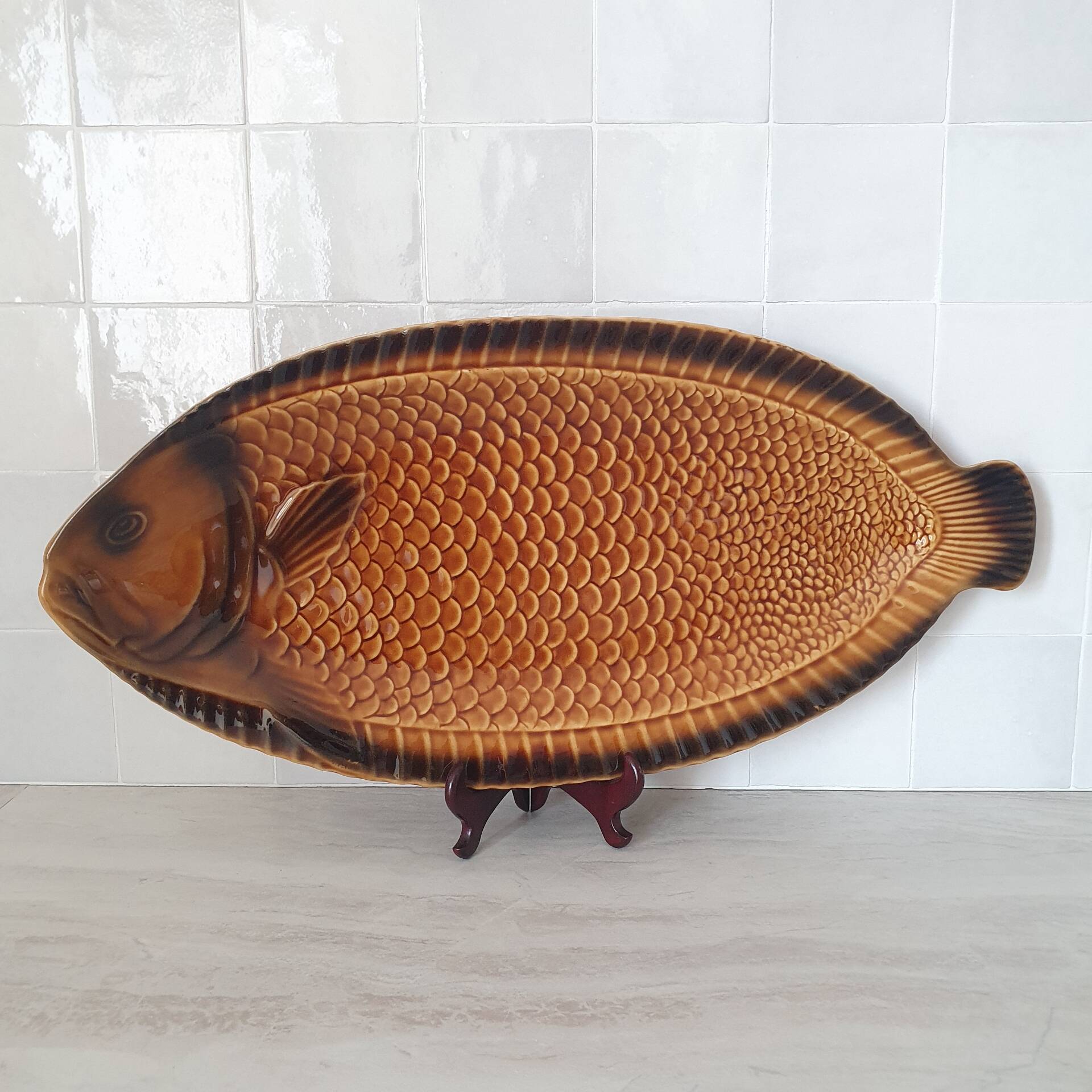 Sarreguemines / Large fish-shaped serving platter in Barbo ceramic